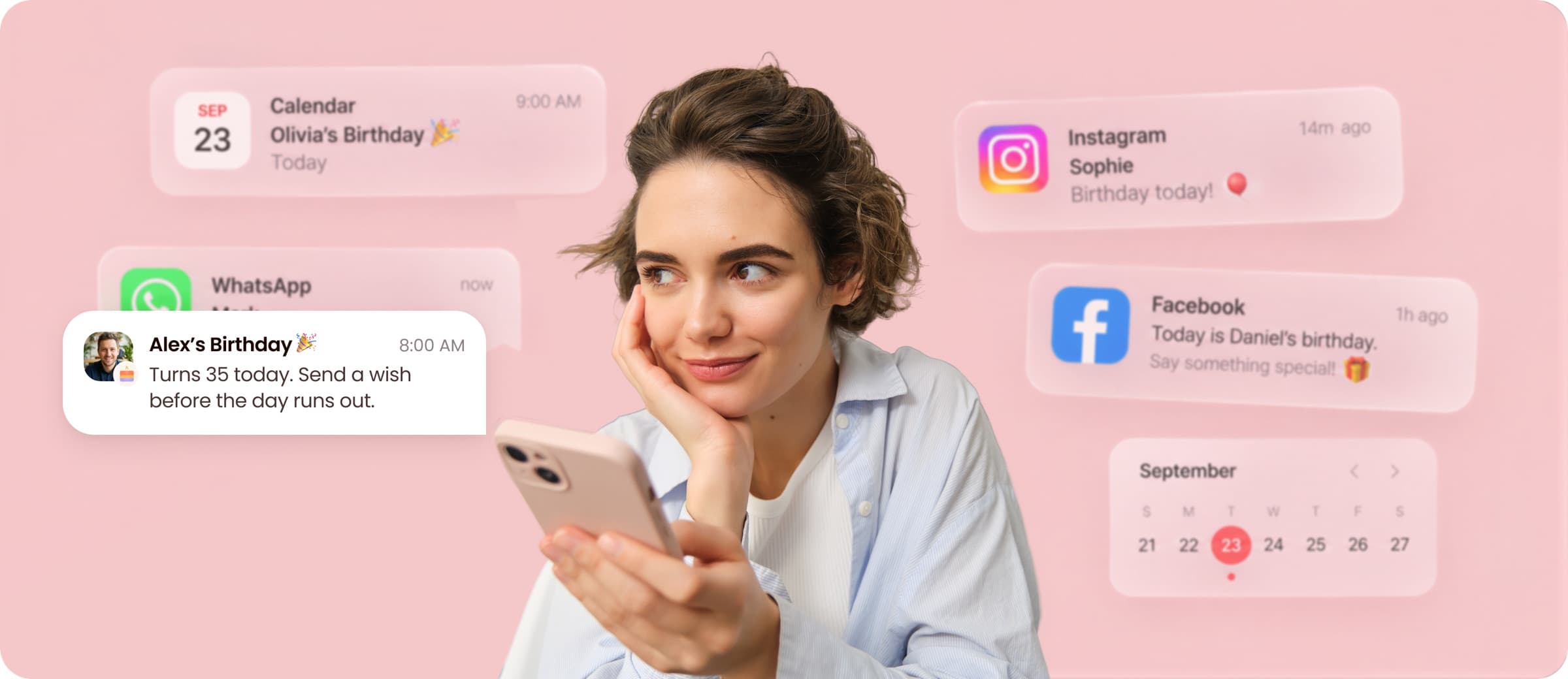 A woman holding her phone, surrounded by faded Instagram, Facebook and Calendar birthday notifications, with a Torte reminder for Alex’s birthday in focus.